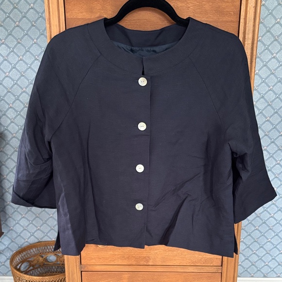 Coldwater Creek Tops - Navy Button-Front 3/4 Sleeve linen blend lined jacket.